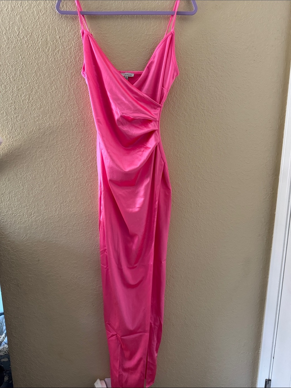 Fashion Nova Hot Pink Satin Maxi Slip Dress with Draped Front Size small